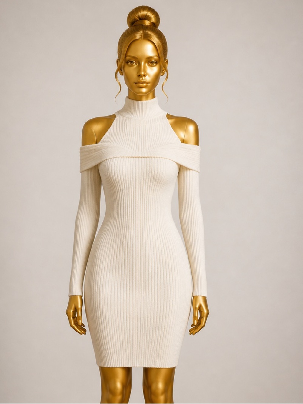 SHEIN Cream/Beige Mock Neck Cold‑Shoulder Ribbed Dress M - Pencil Knit, NWOT